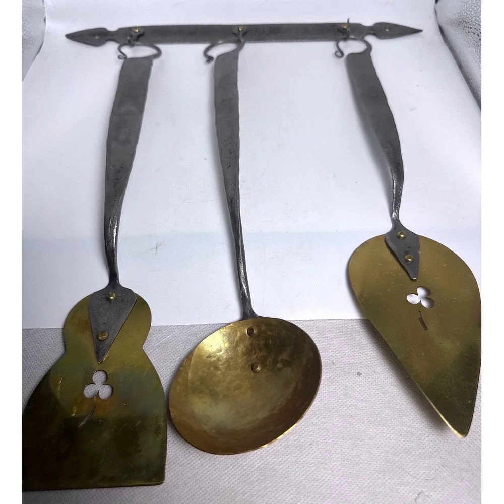 Plummer Hand Forged Iron Brass Kitchen Utensil Set 4pc Ladle Spatula Server Rack